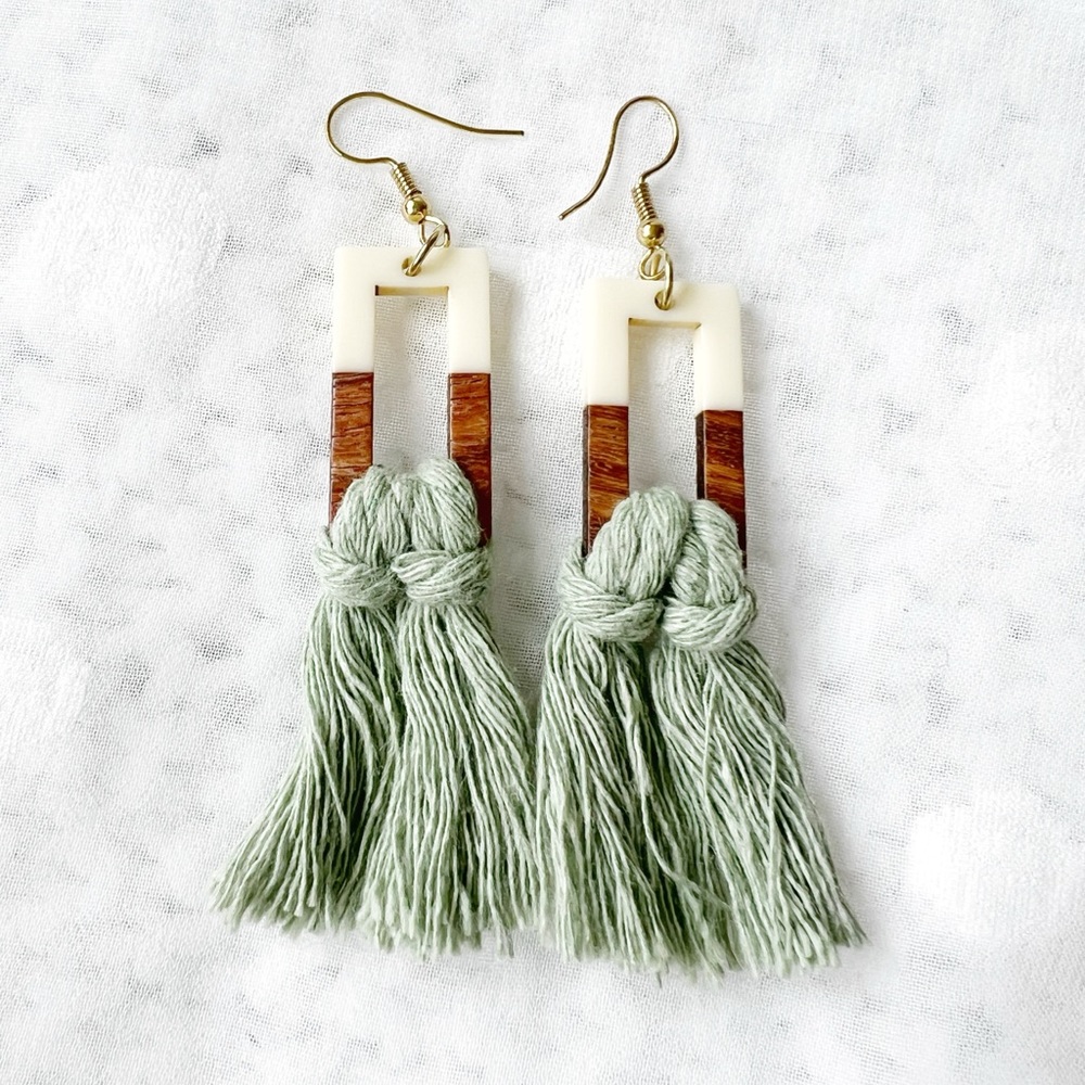Green Macrame Boho Woden Earrings